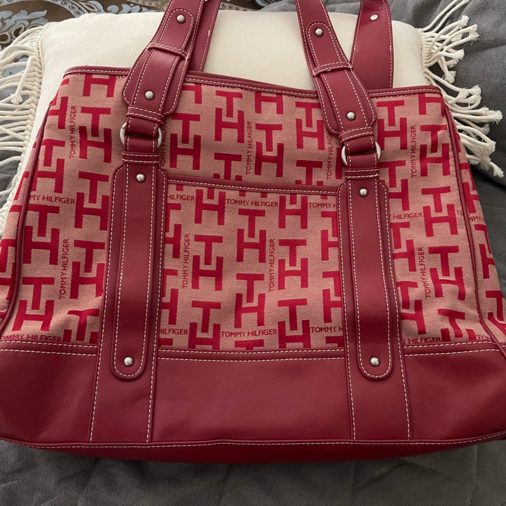 Tommy Hilfiger Red and Beige Tote Bag